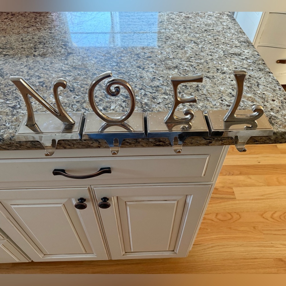 Pottery Barn Stocking Holder NOEL set of 4 Silver Plate Christmas Hanger